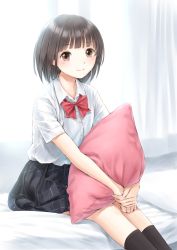 Rule 34 | 1girl, bashosho, bed sheet, black skirt, black socks, bow, brown eyes, brown hair, closed mouth, collared shirt, commentary request, curtains, dress shirt, feet out of frame, highres, indoors, looking at viewer, hugging object, original, pillow, pillow hug, red bow, revision, school uniform, shirt, sitting, skirt, smile, socks, solo, white shirt