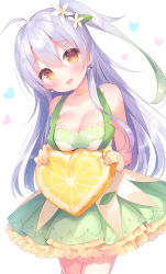 Rule 34 | 1girl, :d, ahoge, bare shoulders, blush, breasts, brown eyes, character request, cleavage, commentary request, cowboy shot, dress, flower, flower knight girl, food, fruit, gloves, gradient hair, green dress, green hair, hair between eyes, hair flower, hair ornament, heart, highres, holding, large breasts, leaning to the side, lemon, lemon slice, long hair, multicolored hair, name connection, object namesake, one side up, open mouth, oversized food, oversized object, pleated dress, purple hair, simple background, sleeveless, sleeveless dress, smile, solo, standing, usashiro mani, very long hair, white background, white flower, white gloves