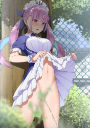Rule 34 | 1girl, blurry, blurry foreground, blush, bottomless, clothes lift, convenient censoring, dress, dress lift, fence, highres, hololive, leaf, leaf censor, long hair, maanii, maid headdress, minato aqua, navel, no panties, outdoors, pee, peeing, pink eyes, pink hair, solo, standing, tree, twintails, virtual youtuber