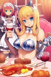 Rule 34 | 2girls, airi (queen&#039;s blade), airi (queen&#039;s blade unlimited), alcohol, animal ears, apron, armor, armored boots, black dress, black gloves, black legwear, blonde hair, blue eyes, boots, bow, bread, breastplate, breasts, butter, chair, cleavage, closed mouth, collarbone, cup, detached collar, dress, drink, drinking glass, elbow gloves, elina (queen&#039;s blade), elina (queen's blade), fake animal ears, fingerless gloves, food, fork, glint, gloves, hair bow, hairband, hands up, holding, holding drink, holding tray, indoors, knife, lace, lace-trimmed gloves, lace trim, large breasts, lobster, long hair, looking at viewer, maid, maid apron, maid headdress, meat, medium breasts, multiple girls, navel, neck ribbon, night, official art, on chair, oosaki shin&#039;ya, parted lips, plate, puffy short sleeves, puffy sleeves, quad tails, queen&#039;s blade, queen&#039;s blade unlimited, queen&#039;s blade white triangle, red hair, ribbon, shadow tracker elina, short sleeves, sidelocks, sitting, smile, standing, steak, table, thighhighs, tray, white ribbon, window, wine, wine glass
