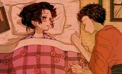 Rule 34 | 1boy, 1girl, 6tygu, aged down, akaza (kimetsu no yaiba), black hair, blanket, book, closed eyes, eyelashes, facing another, floral print, flower-shaped pupils, futon, hakuji (kimetsu no yaiba), hands up, highres, holding hands, indoors, japanese clothes, kimetsu no yaiba, kimono, koyuki (kimetsu no yaiba), long sleeves, looking at another, looking away, looking to the side, lying, messy hair, on back, on bed, on floor, on side, pillow, pink kimono, profile, red eyes, red kimono, short hair, sick, sleeping, sweat, symbol-shaped pupils, tatami, tears, towel, tray, under covers, upper body, wide sleeves
