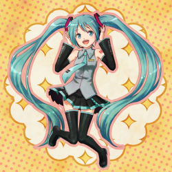 Rule 34 | 1girl, :d, aqua eyes, aqua hair, black thighhighs, boots, detached sleeves, full body, hair ornament, hatsune miku, jumping, long hair, mike (mee627mee), necktie, open mouth, pleated skirt, polka dot, polka dot background, skirt, smile, solo, tattoo, thigh boots, thighhighs, twintails, very long hair, vocaloid, zettai ryouiki