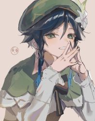 Rule 34 | 1boy, androgynous, aqua eyes, aqua hair, beret, black hair, blouse, braid, cape, collared cape, commentary, elbow rest, emoticon, flower, frilled sleeves, frills, genshin impact, gradient hair, green cape, hat, hat flower, highres, juliet sleeves, leaf, long sleeves, looking at viewer, multicolored hair, own hands together, puffy sleeves, shirt, short hair with long locks, simple background, smile, solo, speech bubble, twin braids, two-tone hair, unacha, venti (genshin impact), white flower, white shirt