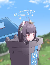 Rule 34 | 1girl, absurdres, ahoge, animal ears, black gloves, black hair, blue archive, blunt bangs, commentary request, facing away, fake animal ears, gloves, hairband, halo, highres, in trash can, leaf, leaf on head, long hair, looking away, miyu (blue archive), rabbit ears, red eyes, shiro sai5, sidelocks, solo, trash can, two-tone gloves