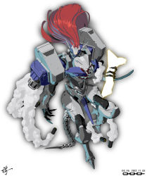 Rule 34 | 1girl, 2625820539, absurdres, glowing, glowing eyes, guilty gear, highres, humanoid robot, justice (guilty gear), long hair, mechanical tail, missile, red hair, robot, simple background, smoke, solo focus, tail, white background, yellow eyes