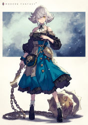 Rule 34 | 1girl, :|, arm at side, bag, ball and chain (weapon), bare shoulders, belt, black footwear, black shirt, blue skirt, bracelet, breasts, closed mouth, flipped hair, frilled shirt collar, frills, full body, hair over one eye, halterneck, highres, holding, holding weapon, jewelry, kusano shinta, layered skirt, long sleeves, looking at viewer, medium breasts, neck ribbon, off shoulder, one eye covered, original, ribbon, ribbon-trimmed collar, ribbon trim, shield, shirt, shoes, short hair, sidelocks, silver hair, skirt, sleeves pushed up, socks, solo, spike ball, standing, undershirt, weapon, white shirt, yellow eyes