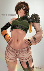 Rule 34 | 1girl, black hair, blush, breasts, brown eyes, brown hair, character name, closed mouth, commentary request, cowboy shot, crop top, final fantasy, final fantasy vii, final fantasy vii remake, fingerless gloves, fishnet thighhighs, fishnets, forehead protector, gloves, green shirt, groin, hair between eyes, hands on own hips, headband, highres, looking at viewer, midriff, navel, open fly, revision, sgk, shirt, short hair, short shorts, shorts, sidelocks, simple background, single bare shoulder, single sleeve, single thighhigh, sleeveless, sleeveless turtleneck, small breasts, smile, solo, standing, stomach, thighhighs, turtleneck, underbust, white shorts, yuffie kisaragi