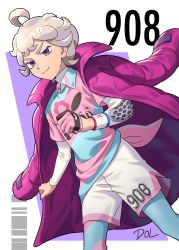 Rule 34 | 1boy, ahoge, artist name, bede (pokemon), blonde hair, closed mouth, coat, collared shirt, commentary request, creatures (company), curly hair, dolustoy, dynamax band, game freak, gloves, highres, male focus, nintendo, partially fingerless gloves, pokemon, pokemon swsh, purple coat, purple eyes, shirt, short sleeves, shorts, side slit, side slit shorts, single glove, smile, smug, solo
