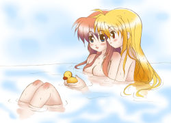 Rule 34 | 00s, 10s, 2girls, bath, blonde hair, blue eyes, blush, breasts, brown hair, cleavage, fate testarossa, happy, inu0831, looking at another, lyrical nanoha, mahou senki lyrical nanoha force, mahou shoujo lyrical nanoha, mahou shoujo lyrical nanoha strikers, mahou shoujo lyrical nanoha vivid, multiple girls, red eyes, rubber duck, smile, takamachi nanoha, yuri