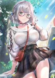 Rule 34 | 1girl, alternate costume, arm support, bag, belt, black choker, blue sky, blush, bra strap, bra visible through clothes, bracelet, braid, breasts, casual, choker, closed mouth, clothes lift, crown braid, day, falling leaves, glasses, green eyes, hair ribbon, handbag, himonoata, hololive, jewelry, large breasts, leaf, looking at viewer, miniskirt, outdoors, plaid, plaid skirt, ribbon, see-through, shirogane noel, shirogane noel (casual), short hair, silver hair, skirt, skirt lift, sky, smile, solo, sweater, thighs, tree, virtual youtuber, white sweater
