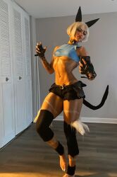 Rule 34 | 1girl, animal ears, arm tattoo, bell, blue eyes, bob cut, breasts, cat ears, cat tail, cellphone, claws, collar, cosplay, fingerless gloves, gloves, highres, louxxei, ms. fortune (skullgirls), nails, phone, photo (medium), real life, revealing clothes, selfie, short hair, skullgirls, smartphone, tail, tattoo, underboob, white hair