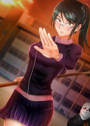 Rule 34 | absurdres, breasts, fighting stance, glasses, highres, jacket, jujutsu kaisen, looking at viewer, miniskirt, ponytail, skirt, sunset, thick thighs, thighs, track jacket, weapon, zen&#039;in maki, zenin maki