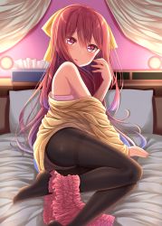 Rule 34 | 1girl, absurdres, bed, bow, bra, brown pantyhose, curtains, feet, frilled skirt, frills, gurande (g-size), hair bow, highres, huge filesize, kamikaze (kancolle), kantai collection, long hair, looking at viewer, lying, no shoes, on side, panties, panties under pantyhose, pantyhose, pillow, pink bra, pink panties, purple eyes, red hair, skirt, skirt around one leg, solo, sweater, thighband pantyhose, tissue box, underwear, yellow bow