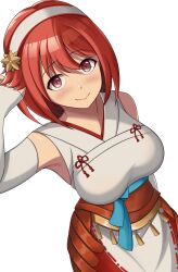 Rule 34 | 1girl, absurdres, breasts, closed mouth, commentary, commission, detached sleeves, fire emblem, fire emblem fates, from above, hairband, highres, large breasts, long hair, looking at viewer, nintendo, red eyes, red hair, sakura (fire emblem), scrapy, simple background, smile, solo, tassel, white background, white hairband, white sleeves