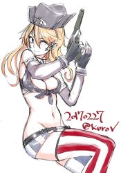Rule 34 | 10s, 1girl, 2017, abaratani kurou, blonde hair, blue eyes, breasts, cleavage, cowboy hat, dated, elbow gloves, fingerless gloves, front-tie top, gloves, groin, gun, hat, highres, iowa (kancolle), kantai collection, midriff, one eye closed, simple background, solo, striped clothes, striped thighhighs, thighhighs, twitter username, vertical-striped clothes, vertical-striped thighhighs, weapon, white background
