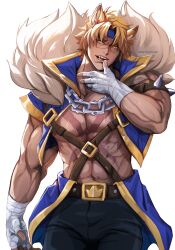 Rule 34 | 1boy, abs, absurdres, animal ears, bandaged hand, bandages, bara, bare pectorals, belt, black pants, blonde hair, blue headband, blue jacket, brown belt, chain, chain necklace, cropped jacket, fangs, fartingdoggi, fur-trimmed jacket, fur trim, headband, highres, jacket, jewelry, large pectorals, league of legends, male focus, muscular, muscular male, navel, necklace, official alternate costume, open clothes, open jacket, pants, pectorals, scar, scar on chest, scar on face, scar on nose, sett (league of legends), short hair, solo, soul fighter sett, twitter username