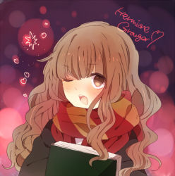 Rule 34 | 1girl, animification, bad id, bad pixiv id, blush, book, brown eyes, brown hair, character name, female focus, harry potter (series), hermione granger, long hair, miyako (xxxbibit), myk, one eye closed, open mouth, scarf, school uniform, solo, striped clothes, striped scarf, wink, wizarding world
