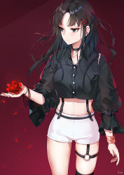 Rule 34 | 1girl, black choker, black hair, black shirt, black thighhighs, blue eyes, breasts, buttons, choker, closed mouth, collarbone, collared shirt, cowboy shot, crop top, emyo, expressionless, flower, hair ornament, hairclip, half updo, holding, holding flower, long hair, long sleeves, looking away, midriff, mole, mole under eye, original, parted bangs, petals, puffy sleeves, red flower, rose, see-through, shirt, short shorts, shorts, sidelocks, single thighhigh, solo, standing, stomach, suspenders, thighhighs, thighs, white shorts, wristband