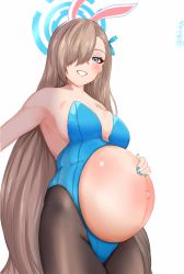 Rule 34 | 1girl, absurdres, asuna (blue archive), asuna (bunny) (blue archive), belly out, blue archive, blue eyes, blue leotard, blue ribbon, blush, breasts, brown pantyhose, cleavage, clothing cutout, from below, grin, hair over one eye, hair ribbon, hand on stomach, highres, leotard, mrhunking, pantyhose, pregnant, ribbon, self-upload, simple background, smile, solo, stomach cutout, strapless, strapless leotard, white background