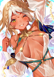 Rule 34 | 1girl, absurdres, andromeda (fate), andromeda (first ascension) (fate), bare shoulders, blonde hair, breasts, cleavage, dark-skinned female, dark skin, fate/grand order, fate (series), green eyes, grin, highres, large breasts, long hair, looking at viewer, one eye closed, smile, solo, tsukudani (ore624), white hair
