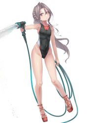 Rule 34 | 1girl, absurdres, alternate costume, alternate hairstyle, black one-piece swimsuit, braid, breasts, brown eyes, commentary request, competition swimsuit, crown braid, fei (feikotake), finger on trigger, foreshortening, grey hair, head tilt, highleg, highleg swimsuit, highres, hose, kantai collection, long hair, multicolored clothes, multicolored swimsuit, one-piece swimsuit, simple background, single braid, small breasts, solo, standing, striped clothes, striped one-piece swimsuit, swimsuit, toeless footwear, water, white background, zuihou (kancolle)