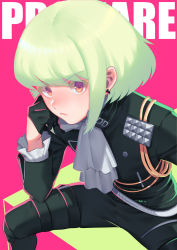 Rule 34 | 1boy, ascot, bad id, bad pixiv id, black gloves, black jacket, blonde hair, commentary request, earrings, frown, gloves, green hair, half gloves, jacket, jewelry, lio fotia, long sleeves, looking at viewer, male focus, noriuma, promare, purple eyes, short hair, sitting, solo