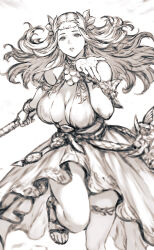 Rule 34 | 1girl, armband, bare shoulders, blowing kiss, bracer, breasts, circlet, cleavage, dress, final fantasy, final fantasy xiv, foot out of frame, greyscale, hair ornament, highres, large breasts, leaf hair ornament, long hair, makimura shunsuke, monochrome, nophica, parted bangs, parted lips, sleeveless, sleeveless dress, solo, wavy hair
