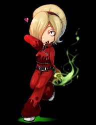 Rule 34 | 1boy, ash crimson, belt, black nails, blonde hair, blue eyes, freckles, hair over one eye, hairband, heart, male focus, nail polish, open mouth, pants, shino da, shoes, short hair, simple background, snk, solo, the king of fighters