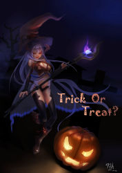 Rule 34 | 10s, 1girl, 2012, dark, dated, glowing, halloween, hat, highres, holding, holding weapon, horns, jack-o&#039;-lantern, long hair, looking at viewer, masashi (excellent), original, pumpkin, purple hair, red eyes, rod, solo, staff, standing, thighhighs, trick or treat, wand, weapon, witch hat