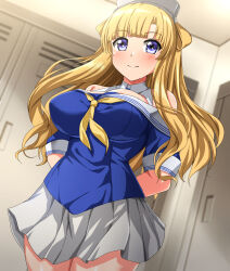 Rule 34 | 1girl, absurdres, adapted costume, arms behind back, blonde hair, blue shirt, breasts, commentary request, commission, double bun, dutch angle, fletcher (kancolle), hair bun, highres, kantai collection, large breasts, locker, locker room, long hair, neckerchief, off shoulder, pixiv commission, pleated skirt, purple eyes, sailor collar, sailor shirt, school uniform, serafuku, shirt, skirt, smile, solo, white sailor collar, white skirt, yellow neckerchief, zanntetu