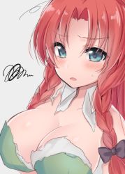 Rule 34 | 1girl, asa (coco), blush, bow, braid, breasts, cleavage, green eyes, grey background, hair bow, hair ornament, hong meiling, large breasts, open mouth, red hair, solo, sweatdrop, torn clothes, touhou, twin braids, upper body