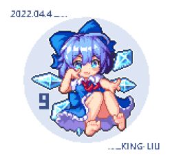 Rule 34 | 1girl, :d, artist name, barefoot, blue bow, blue dress, blue eyes, blue hair, bow, cirno, collared shirt, commentary, dated, detached wings, dress, english commentary, fang, full body, hair bow, ice, ice wings, king liu, lowres, open mouth, pixel art, shirt, short hair, short sleeves, skin fang, smile, solo, touhou, white background, white shirt, wings
