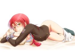 Rule 34 | 1girl, bonnie (rsg), bra, clothes pull, grey socks, hino kahoko, la corda d&#039;oro, lying, no panties, hugging object, on stomach, partially undressed, pillow, pillow hug, pleated skirt, red hair, school uniform, skirt, skirt around legs, skirt pull, socks, solo, unbuttoned, underwear, yellow eyes