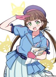 Rule 34 | 5girls, absurdres, beret, blue jacket, blue skirt, blunt bangs, blush, brown hair, collarbone, commentary request, contrapposto, green eyes, hat, hazuki ren, heanna sumire, highres, holding, holding magazine, jacket, long hair, looking at viewer, love live!, love live! superstar!!, magazine (object), multiple girls, open mouth, pleated skirt, puffy short sleeves, puffy sleeves, purple hat, rinon42600, sakurakoji kinako, salute, shibuya kanon, short sleeves, skirt, solo focus, standing, tang keke, twintails, twitter username, upper body, we will!! (love live!)