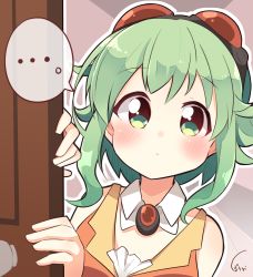 Rule 34 | ..., 1girl, amulet, bare shoulders, blush, commentary request, detached collar, door, doorknob, goggles, goggles on head, green eyes, green hair, gumi, highres, orange shirt, pachio (patioglass), peeking out, red goggles, shirt, short hair with long locks, sidelocks, signature, solo, speech bubble, spoken ellipsis, upper body, vocaloid