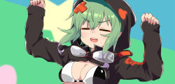Rule 34 | 1girl, = =, arms up, bikini, bikini top only, black bikini, black jacket, breasts, cleavage, closed eyes, commentary request, digimon, digimon world re:digitize, goggles, goggles around neck, green hair, hair between eyes, hair ornament, hood, hood up, hooded jacket, jacket, long sleeves, medium breasts, multicolored background, n36hoko, open mouth, parody, partially unzipped, shinomiya rina, short hair, short hair with long locks, sidelocks, solo, standing, swimsuit, teeth, tracen ondo (song), two-tone bikini, umamusume, upper body, upper teeth only, white bikini, x hair ornament