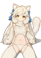 Rule 34 | 1girl, :3, absurdres, animal ears, aran sweater, arm support, blue bow, bow, breasts, cable knit, cat ears, cat girl, cat tail, chack520, character request, copyright request, detached sleeves, garter straps, groin, hair bow, highres, large tail, lingerie, long hair, looking at viewer, meme attire, navel, panties, ribbed panties, ribbed sleeves, ribbed thighhighs, side-tie panties, sideboob, sitting, small breasts, smile, solo, sweater, tail, tareme, thighhighs, turtleneck, turtleneck sweater, underwear, virgin destroyer sweater, white background, white garter straps, white hair, white panties, white sweater, white thighhighs, yellow eyes