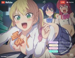 Rule 34 | !?, 1boy, 3girls, angry, artist name, ass, blonde hair, blue hair, blush, bow, bowtie, breasts, cleavage, clenched hands, clothes pull, condom, eufoniuz, girl on top, hair bow, highres, holding, holding condom, hoshizaki rika (kanojo mo kanojo), indoors, jealous, kanojo mo kanojo, large breasts, livestream, long hair, minase nagisa, multiple girls, nipple slip, nipples, open mouth, red hair, saki saki (kanojo mo kanojo), school uniform, side ponytail, sidelocks, skirt, skirt pull, smile, twintails, window