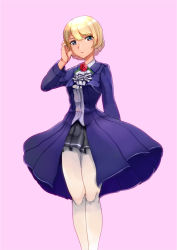 Rule 34 | 10s, 1girl, adjusting hair, alternate costume, arm behind back, bad id, bad pixiv id, blonde hair, blue dress, blue eyes, braid, brooch, darjeeling (girls und panzer), dress, flower, girls und panzer, jewelry, legs, long sleeves, looking at viewer, pantyhose, parted lips, pink background, pleated dress, pleated skirt, rose, shirt, short hair, sikijou77o, simple background, skirt, solo, standing, thighs, twin braids, white pantyhose, white shirt