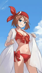 Rule 34 | 1girl, absurdres, bandana, bikini, blue eyes, blue sky, breasts, brown hair, cloud, cowboy shot, creatures (company), front-tie bikini top, front-tie top, game freak, grin, highres, keibi inu, looking at viewer, may (pokemon), medium breasts, medium hair, navel, nintendo, open clothes, open robe, pokemon, pokemon rse, red bandana, red bikini, robe, side-tie bikini bottom, sky, smile, solo, standing, swimsuit, thigh gap, white robe