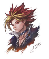 Rule 34 | 1boy, absurdres, atem, black hair, blonde hair, blue collar, chain, chain necklace, closed mouth, collar, dated, dyed bangs, highres, jay b lee, jewelry, male focus, multicolored hair, muto yugi, necklace, portrait, red eyes, red hair, signature, simple background, solo, upper body, white background, yu-gi-oh!, yu-gi-oh! duel monsters
