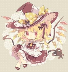 Rule 34 | 1girl, blonde hair, blush, bow, chibi, cosplay, flandre scarlet, full body, hat, hat bow, highres, kirisame marisa, kirisame marisa (cosplay), laevatein (touhou), looking at viewer, nikorashi-ka, one-hour drawing challenge, polka dot, polka dot background, puffy short sleeves, puffy sleeves, red eyes, red skirt, ribbon, shirt, shoes, short sleeves, sitting, skirt, solo, touhou, vest, white shirt, wings, witch hat