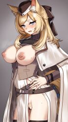 Rule 34 | 1girl, absurdres, alley45yura, animal ear fluff, animal ears, arknights, bar censor, belt, belt pouch, black hat, black ribbon, black thighhighs, blonde hair, blue eyes, blush, breasts, breasts out, brown belt, brown sweater, cape, censored, commentary, cowboy shot, embarrassed, eyelashes, fang, female pubic hair, garrison cap, gradient background, grey background, hair ribbon, hand on own hip, hat, highres, horse ears, horse girl, horse tail, large breasts, looking at viewer, medium hair, multiple belts, nipples, no panties, open mouth, parted bangs, pelvic curtain, pouch, pubic hair, puffy nipples, pussy, ribbed sweater, ribbon, simple background, skin fang, solo, standing, sweatdrop, sweater, tail, test tube, thick eyebrows, thighhighs, turtleneck, turtleneck sweater, whislash (arknights), white cape
