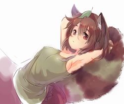 Rule 34 | 1girl, animal ears, armpits, arms behind head, breasts, brown eyes, brown hair, brown skirt, cleavage, closed mouth, futatsuiwa mamizou, glasses, leaf, leaf on head, looking at viewer, raccoon ears, raccoon girl, raccoon tail, sen1986, shirt, short hair, simple background, sketch, skirt, sleeveless, sleeveless shirt, solo, tail, touhou, white background