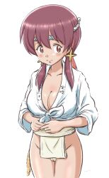 Rule 34 | 1girl, absurdres, alternate costume, blush, breasts, brown eyes, brown hair, cleavage, collarbone, colored inner hair, commentary, cowboy shot, fundoshi, groin, hachimaki, hair between eyes, headband, highres, hiyama yuu (wee259hiyama), japanese clothes, large breasts, long hair, looking at viewer, low twintails, mizu happi, multicolored hair, murosaki miyo, nejiri hachimaki, onii-chan wa oshimai!, red hair, simple background, solo, twintails, two-tone hair, white background