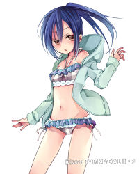 Rule 34 | 1girl, aqua jacket, bikini, blue hair, blush, breasts, brown eyes, collarbone, cowboy shot, date a live, floating hair, frilled bikini, frills, groin, hair between eyes, hibiki mio, hood, hooded jacket, jacket, long hair, navel, open clothes, open jacket, open mouth, side-tie bikini bottom, side ponytail, simple background, small breasts, solo, standing, striped bikini, striped clothes, swimsuit, takamiya mana, vertical-striped bikini, vertical-striped clothes, white background