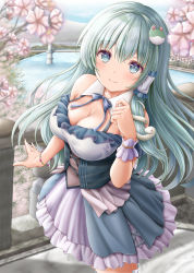 Rule 34 | 1girl, akino irori, bare shoulders, blush, breasts, bridge, cleavage, commentary request, corset, day, detached collar, dress, frilled dress, frills, frog hair ornament, green dress, green eyes, green hair, hair between eyes, hair ornament, highres, kochiya sanae, long hair, looking at viewer, medium breasts, outdoors, sidelocks, sleeveless, sleeveless dress, smile, snake hair ornament, solo, strapless, strapless dress, touhou, wrist cuffs, wristband