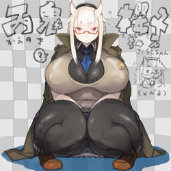 Rule 34 | 1girl, :&lt;, ?, arms between legs, bad anatomy, bad id, bad pixiv id, between breasts, black pantyhose, black shirt, blonde hair, blue necktie, blunt bangs, blush, borrowed character, breasts, brown footwear, cardigan, character name, checkered background, chibi, chibi inset, coat, coat on shoulders, covered erect nipples, crotch seam, expressionless, flying sweatdrops, full body, glasses, hairband, hip focus, horns, huge breasts, impossible clothes, kanoeki sakurako, knees together feet apart, loafers, looking at viewer, miniskirt, muchigaku, necktie, oni horns, original, panties, panties under pantyhose, pantyhose, pantyshot, pigeon-toed, pleated skirt, plump, red eyes, school uniform, semi-rimless eyewear, shirt, shoes, skirt, smile, solo, spoken question mark, squatting, striped clothes, striped panties, takayama toshinori, thick thighs, thighs, translated, trench coat, under-rim eyewear, underwear, upskirt, wide hips