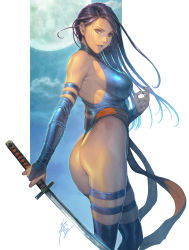 Rule 34 | 1girl, ass, blue leotard, breasts, from behind, highleg, highres, holding, holding sword, holding weapon, homare (fool&#039;s art), katana, leotard, lips, long hair, looking at viewer, looking back, marvel, medium breasts, parted lips, psylocke, purple eyes, purple hair, shiny skin, skindentation, solo, sword, thighhighs, weapon, western comics (style), x-men