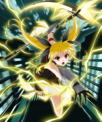 Rule 34 | 1girl, ankle wings, armored gloves, bardiche (nanoha), bardiche (scythe form) (nanoha), blonde hair, building, electricity, energy blade, energy wings, fate testarossa, fate testarossa (sonic form), full body, highres, holding, holding scythe, lyrical nanoha, magical girl, mahou shoujo lyrical nanoha, mahou shoujo lyrical nanoha a&#039;s, mahou shoujo lyrical nanoha the movie 2nd a&#039;s, night, oshimaru026, red eyes, scythe, solo, twintails, unitard, weapon, wings, wrist wings